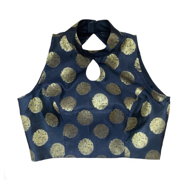 Black Cotton Silk Brocade Readymade Sleeveless Blouse by confidAnce